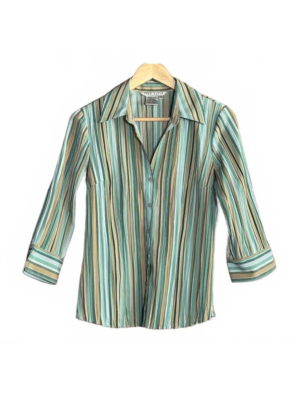 Fred David Women’s Striped Button Down Shirt -Size M Green Blue Coastal Boho